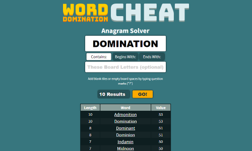 A screenshot of the website Word Domination Cheat